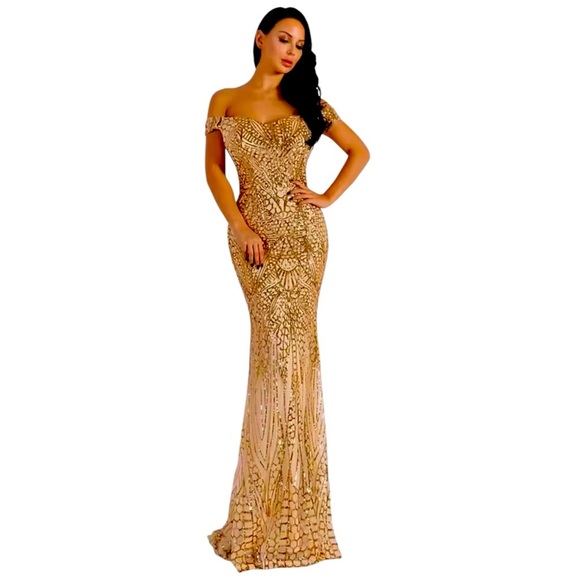 Miss Ord Long Off-Shoulder Gold Sequin Mermaid Trumpet Gown Dress Sz Medium NWT - Picture 1 of 8